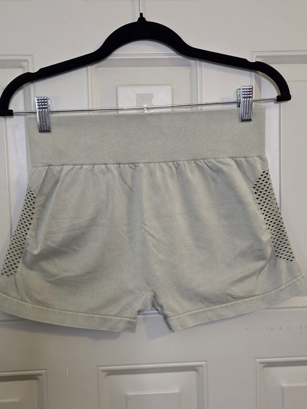 LA Image - High-Waist Athletic Knit Shorts in Light Gray/Green